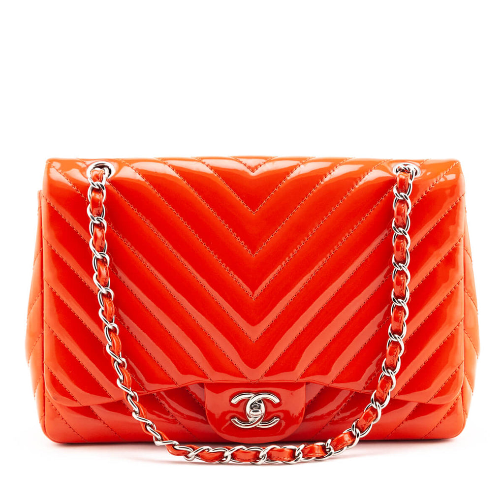 Chanel Orange Quilted Chevron Patent Maxi Classic Single Flap Shoulder Bag