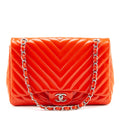 Chanel Orange Quilted Chevron Patent Maxi Classic Single Flap Shoulder Bag