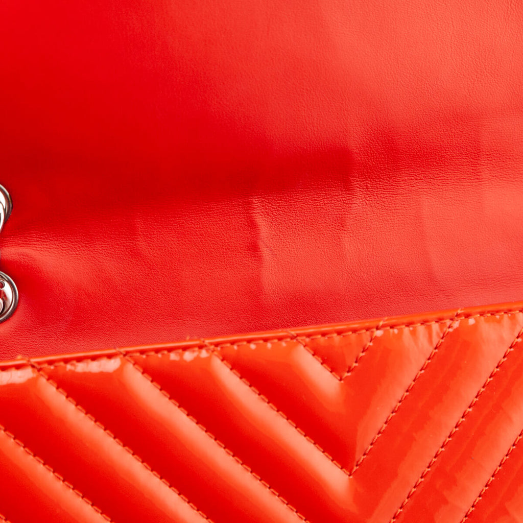 Chanel Orange Quilted Chevron Patent Maxi Classic Single Flap Shoulder Bag