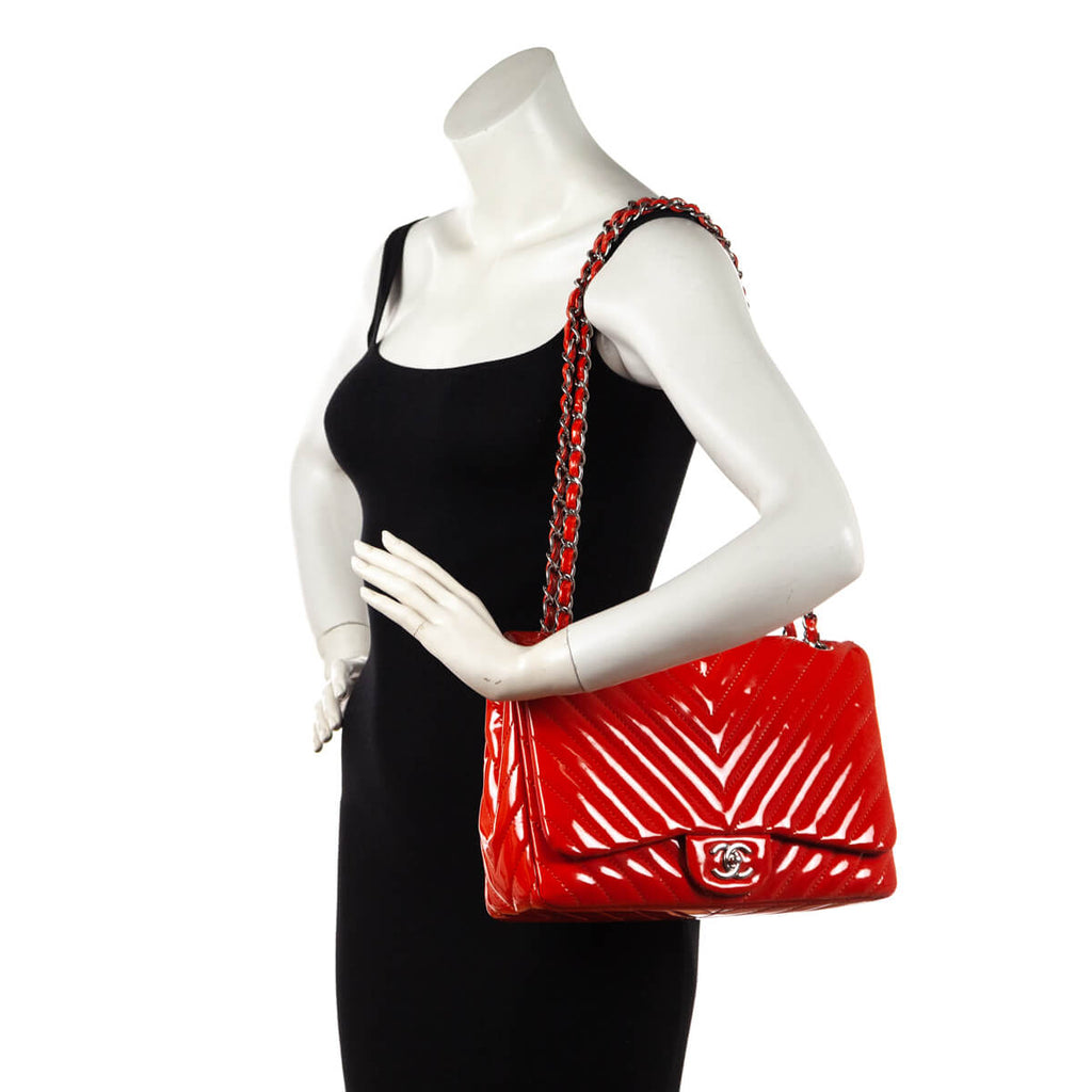 Chanel Orange Quilted Chevron Patent Maxi Classic Single Flap Shoulder Bag