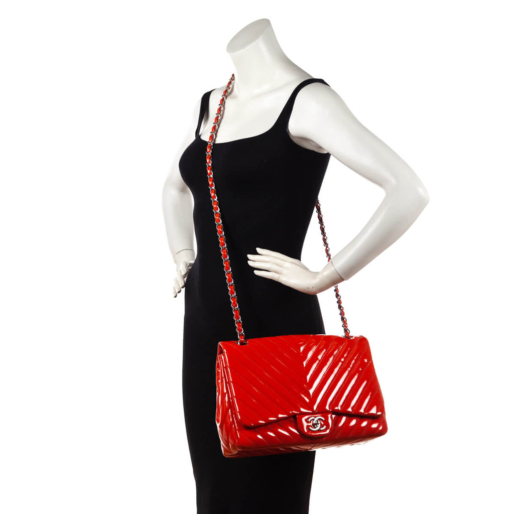 Chanel Orange Quilted Chevron Patent Maxi Classic Single Flap Shoulder Bag