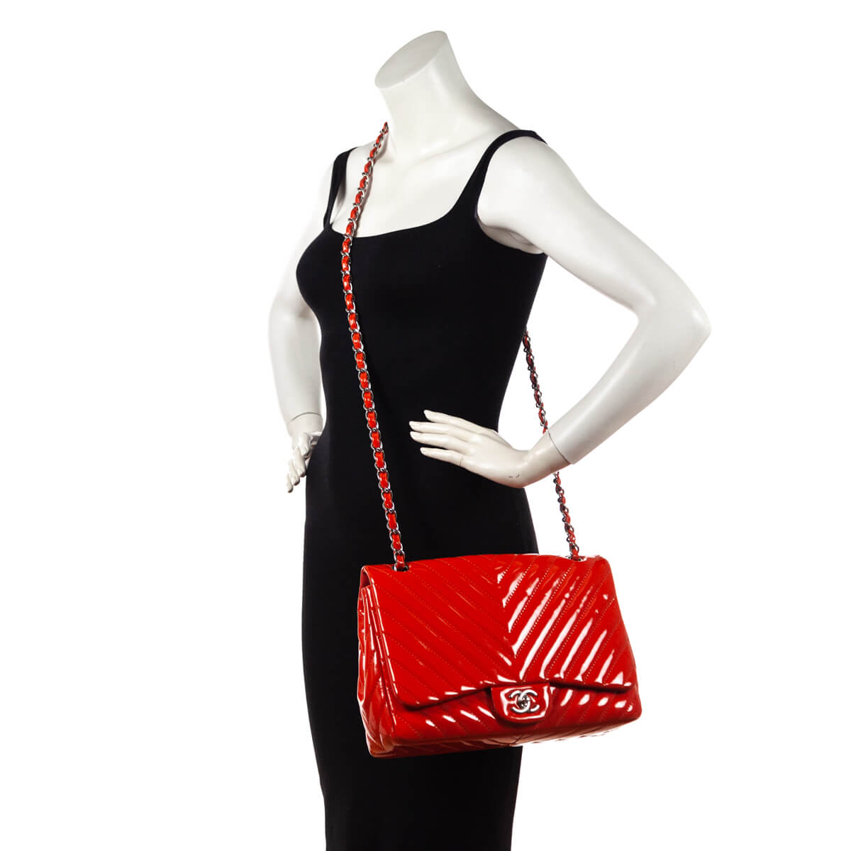 Chanel Orange Quilted Chevron Patent Maxi Classic Single Flap Shoulder Bag