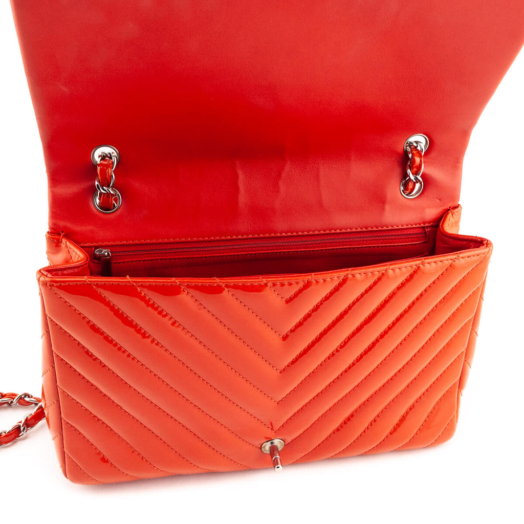 Chanel Orange Quilted Chevron Patent Maxi Classic Single Flap Shoulder Bag