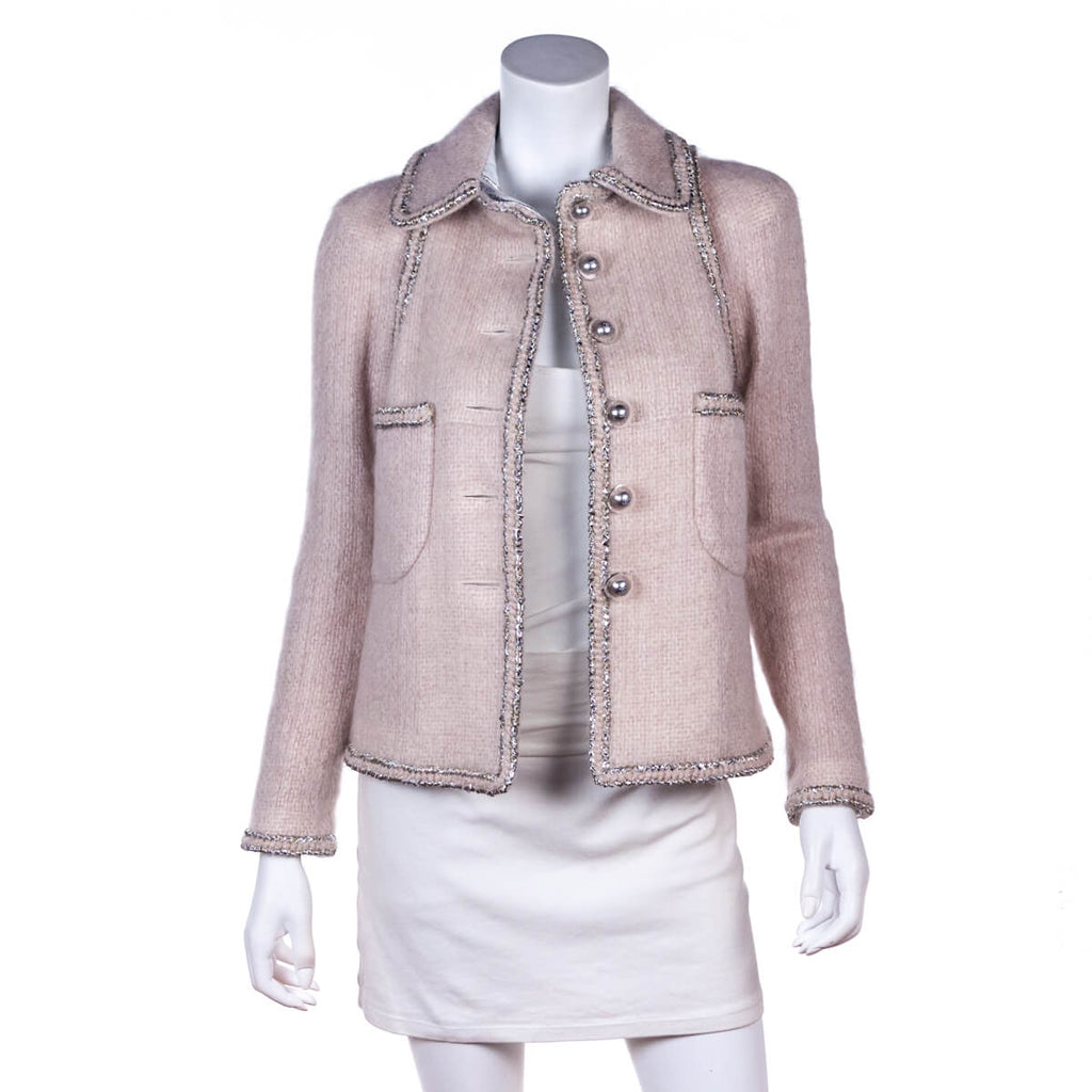 Chanel Pale Pink Mohair Silver Trim Single Breasted Jacket Size XXS | FR 34