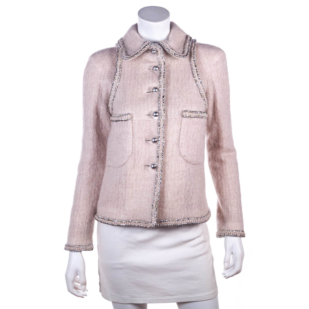 Chanel Pale Pink Mohair Silver Trim Single Breasted Jacket Size XXS | FR 34
