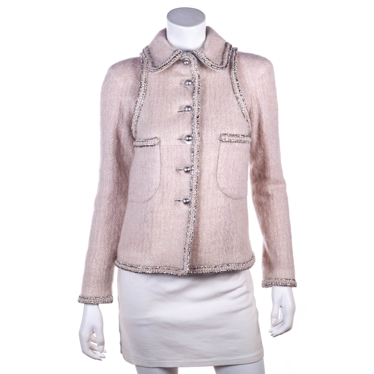 Chanel Pale Pink Mohair Silver Trim Single Breasted Jacket Size XXS | FR 34