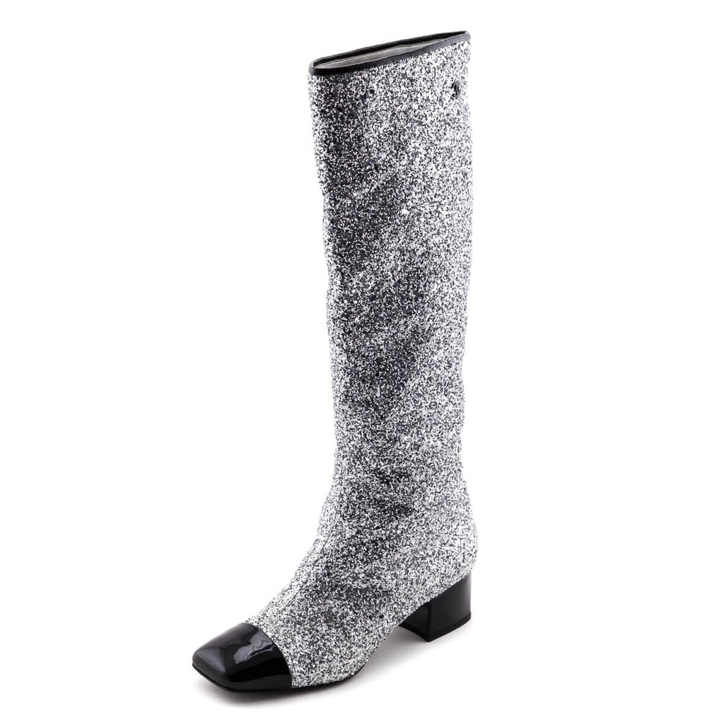 Chanel Silver Glitter CC Cap Toe Riding Boots Size US 7 | EU 37