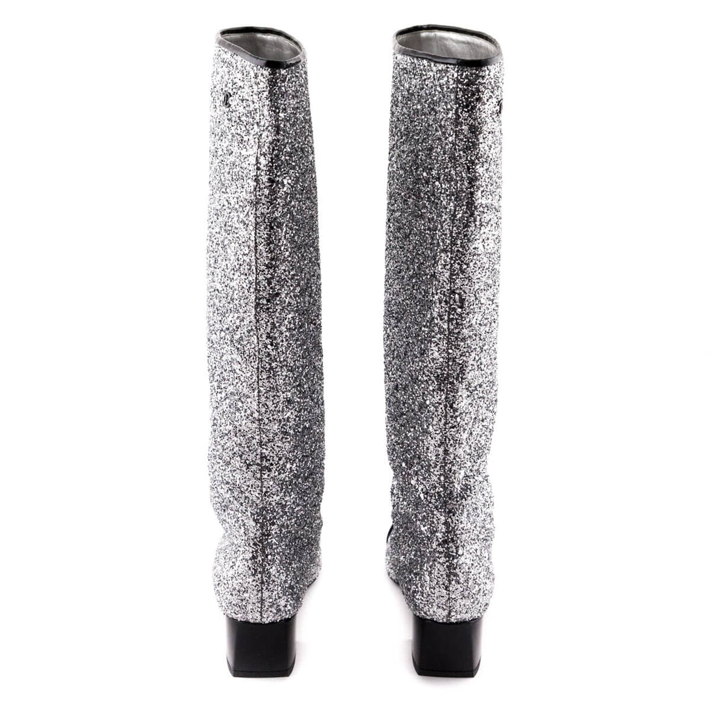 Chanel Silver Glitter CC Cap Toe Riding Boots Size US 7 | EU 37