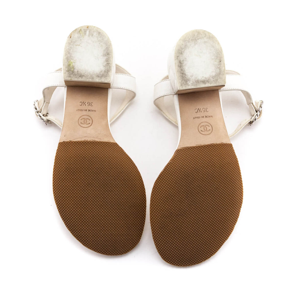 Chanel White Quilted Chain CC T-Strap Sandals Size US 6.5 | EU 36.5