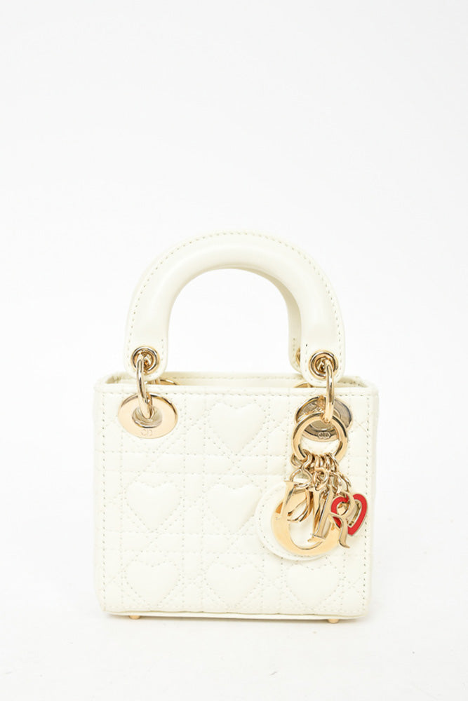 Christian Dior Cream Heart Quilted Leather Micro 'Dioramour' Lady Dior with Strap