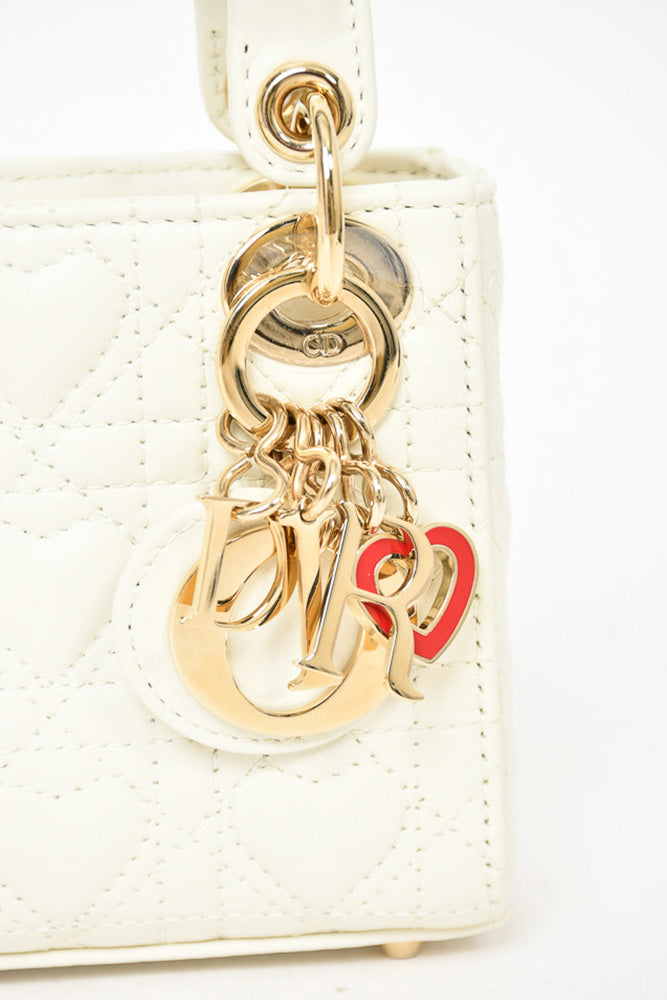 Christian Dior Cream Heart Quilted Leather Micro 'Dioramour' Lady Dior with Strap