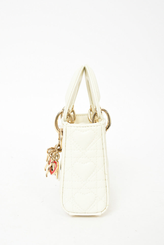 Christian Dior Cream Heart Quilted Leather Micro 'Dioramour' Lady Dior with Strap