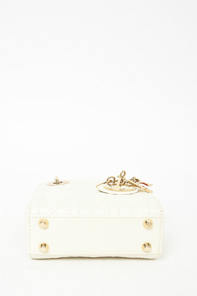 Christian Dior Cream Heart Quilted Leather Micro 'Dioramour' Lady Dior with Strap