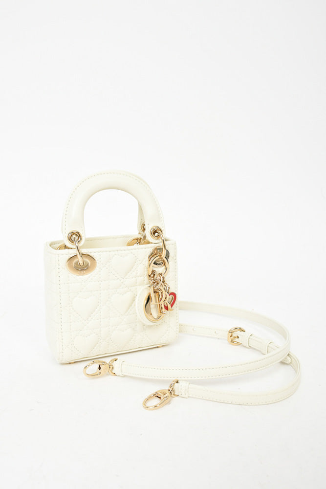 Christian Dior Cream Heart Quilted Leather Micro 'Dioramour' Lady Dior with Strap