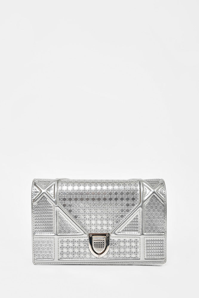 Christian Dior Silver Metallic Leather Micro Diorama Chain Bag