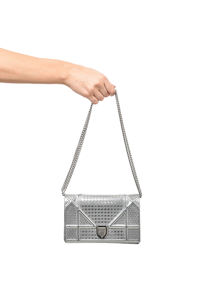 Christian Dior Silver Metallic Leather Micro Diorama Chain Bag