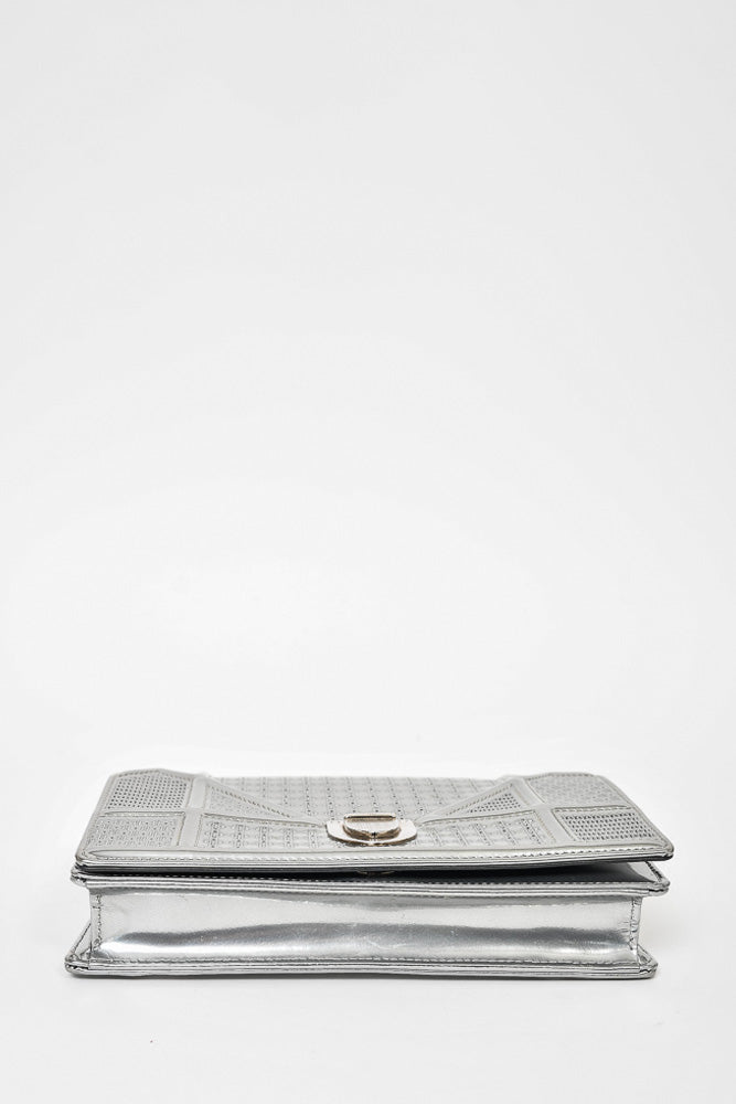 Christian Dior Silver Metallic Leather Micro Diorama Chain Bag