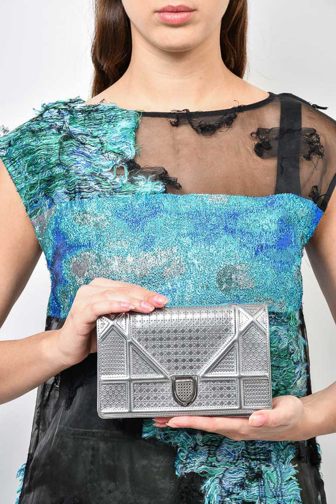 Christian Dior Silver Metallic Leather Micro Diorama Chain Bag