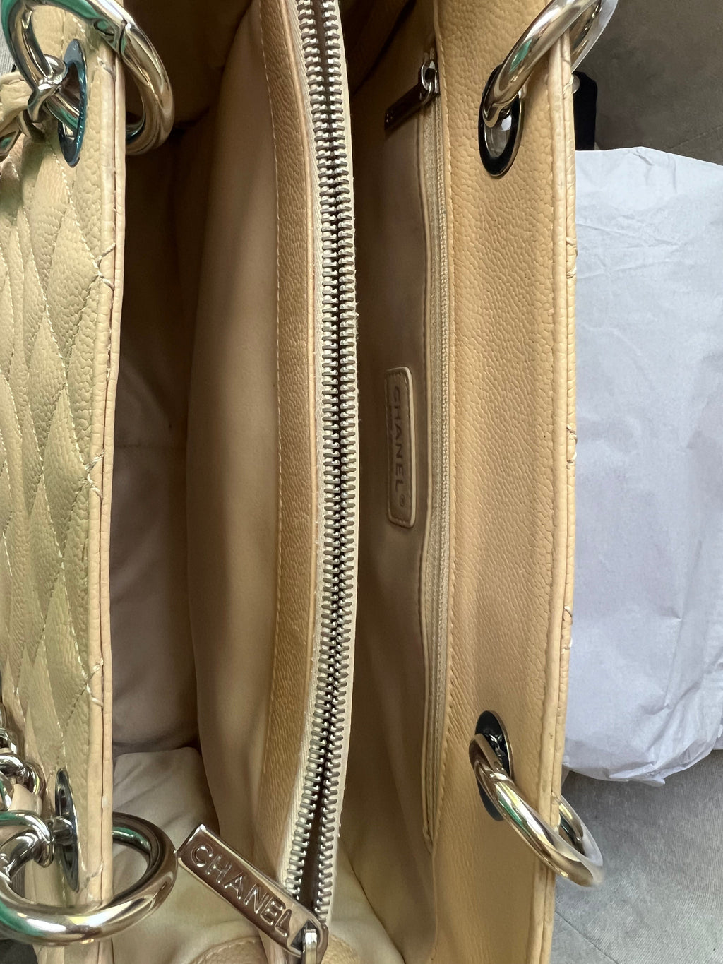 Chanel Light Beige Caviar Grand Shopper Tote with silver hardware (GST)