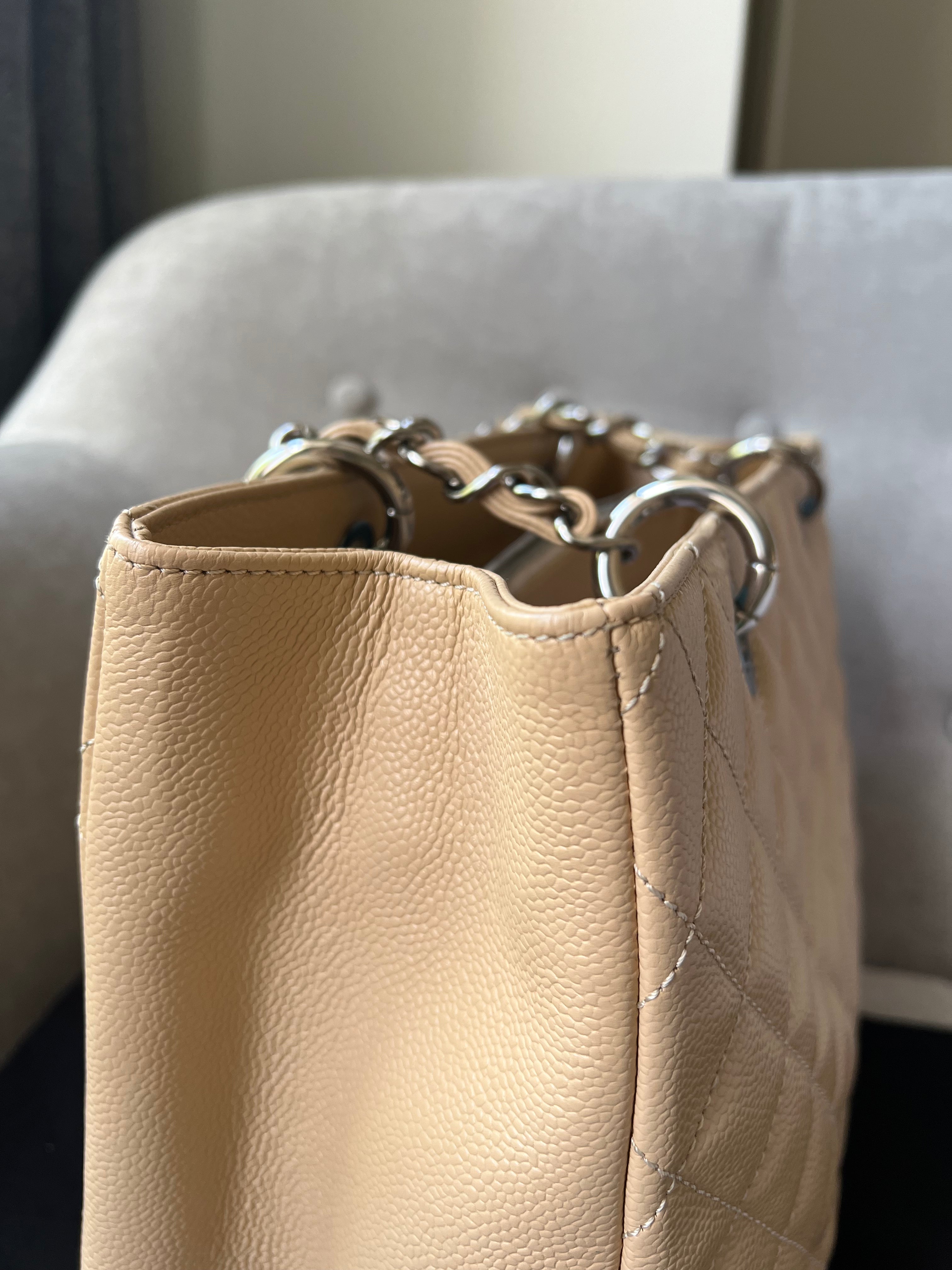 Chanel Light Beige Caviar Grand Shopper Tote with silver hardware (GST)