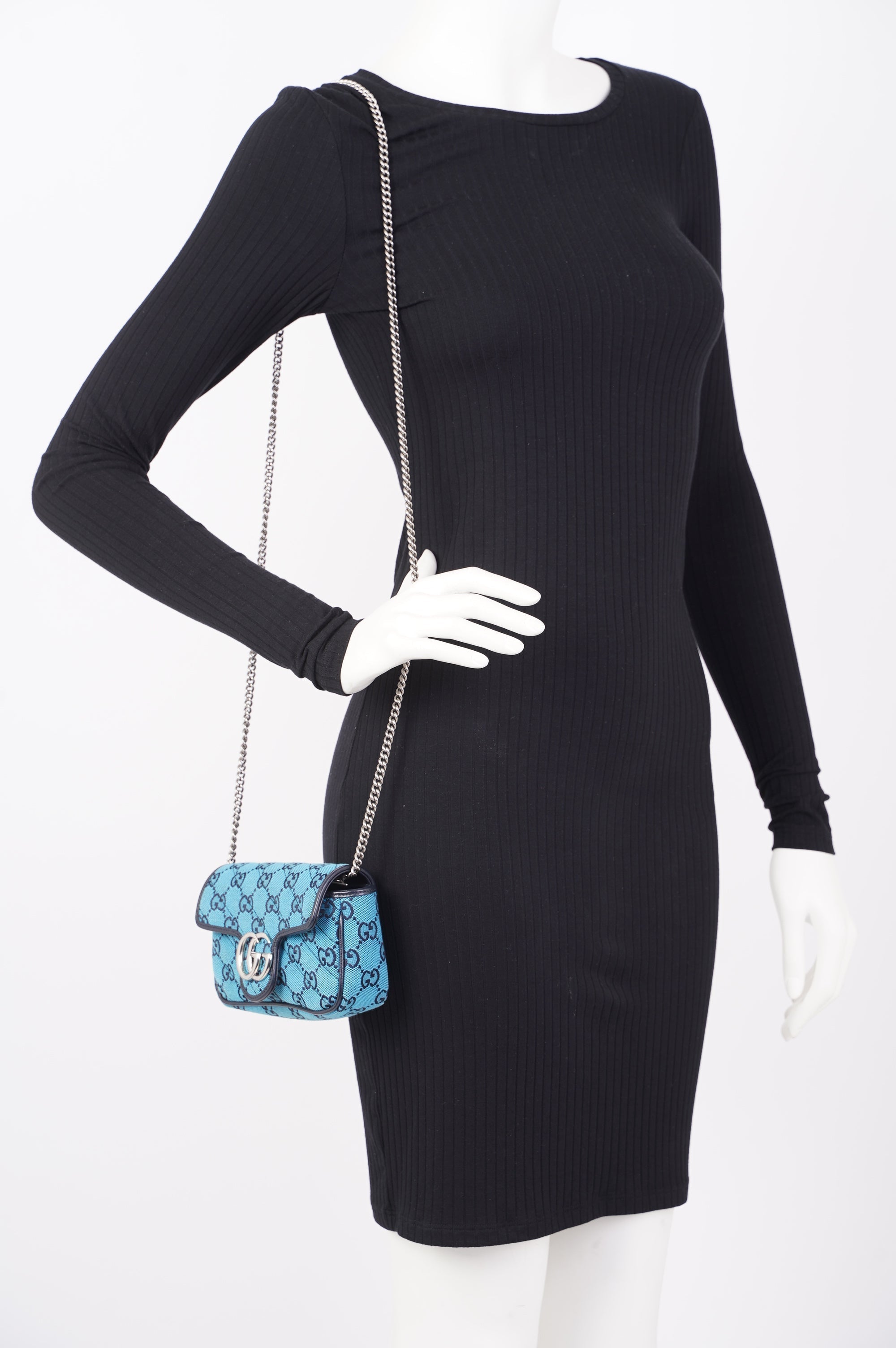 Gucci Womens GG Marmont Quilted Flap Bag Blue Canvas Super Mini