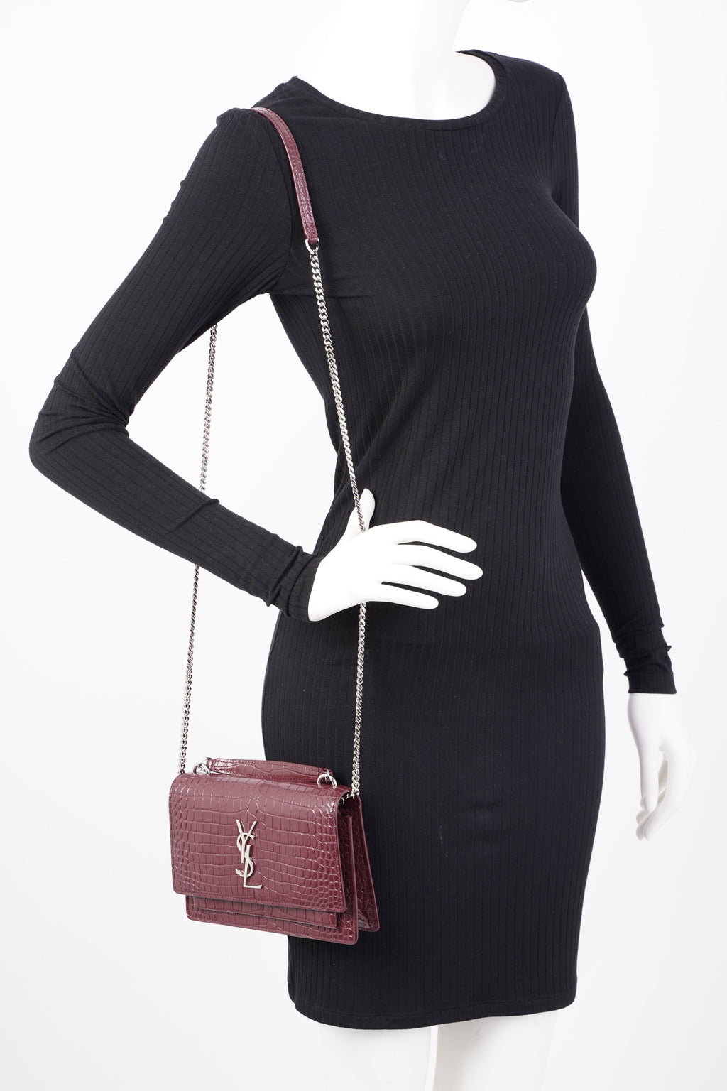 Saint Laurent Sunset Chain Wallet Burgundy Croc