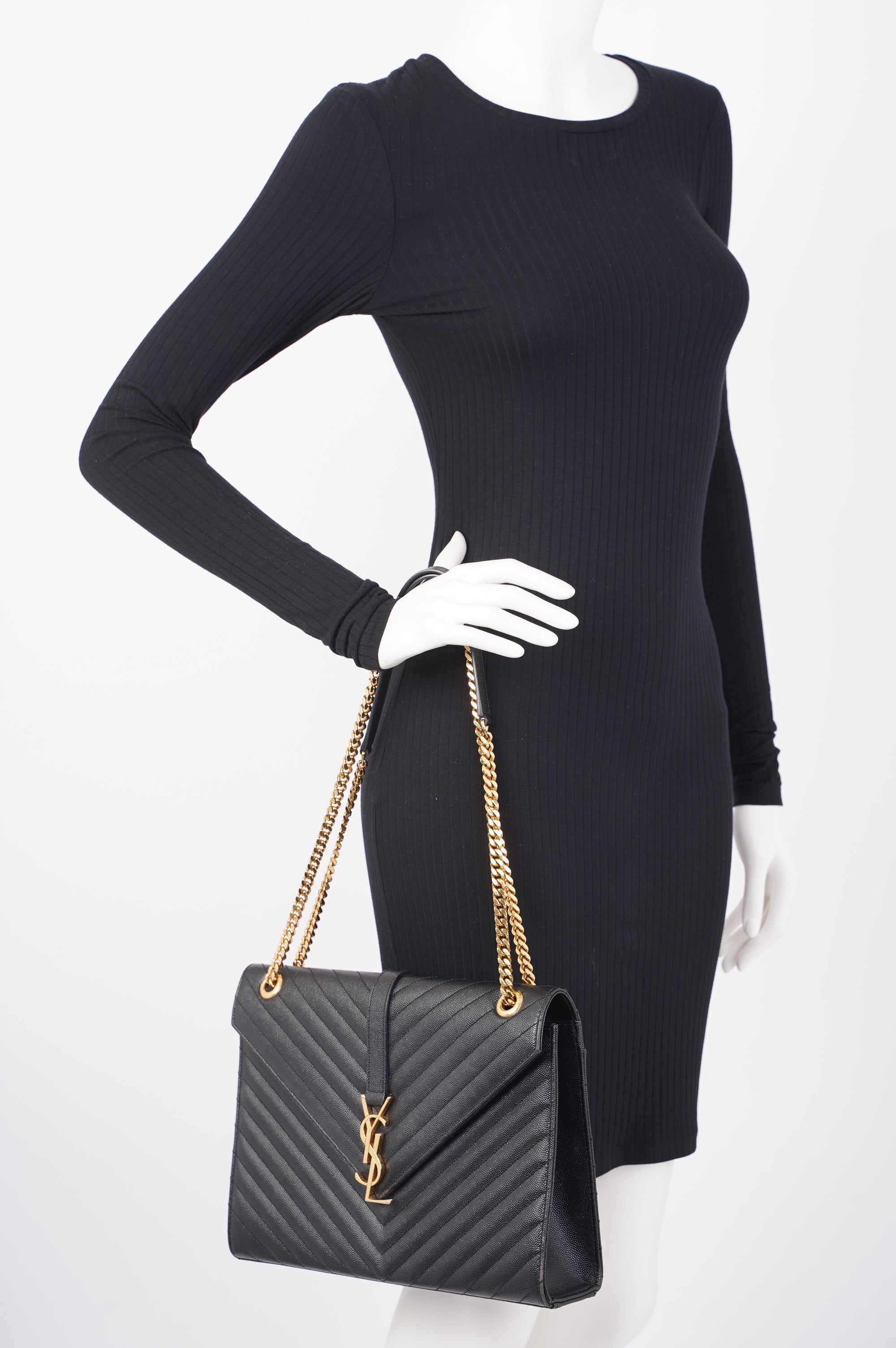 SAINT LAURENT WOMENS ENVELOPE BAG BLACK LEATHER LARGE