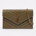 Saint Laurent Womens Cassandra Envelope Chain Wallet Khaki