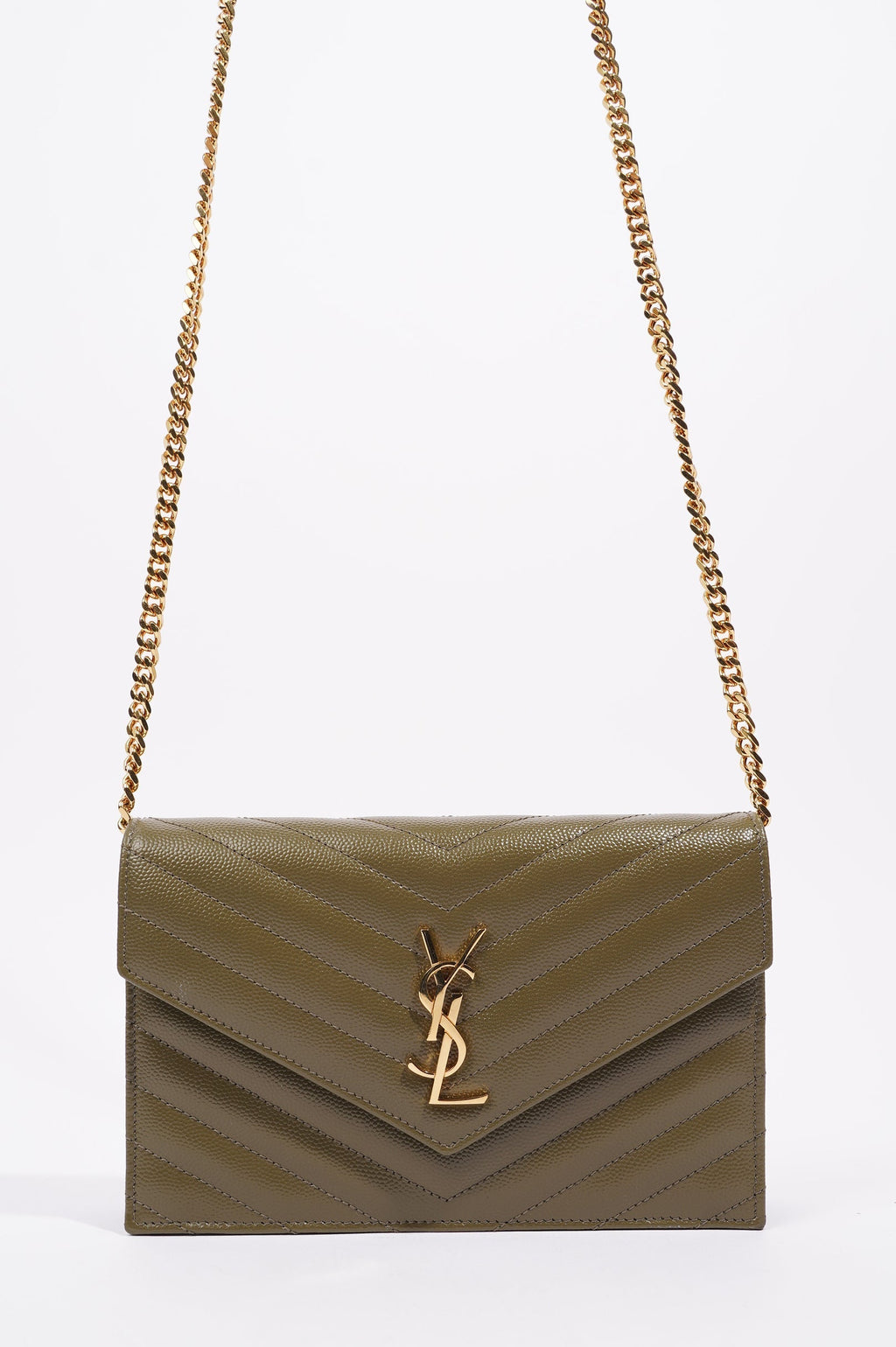 Saint Laurent Womens Cassandra Envelope Chain Wallet Khaki
