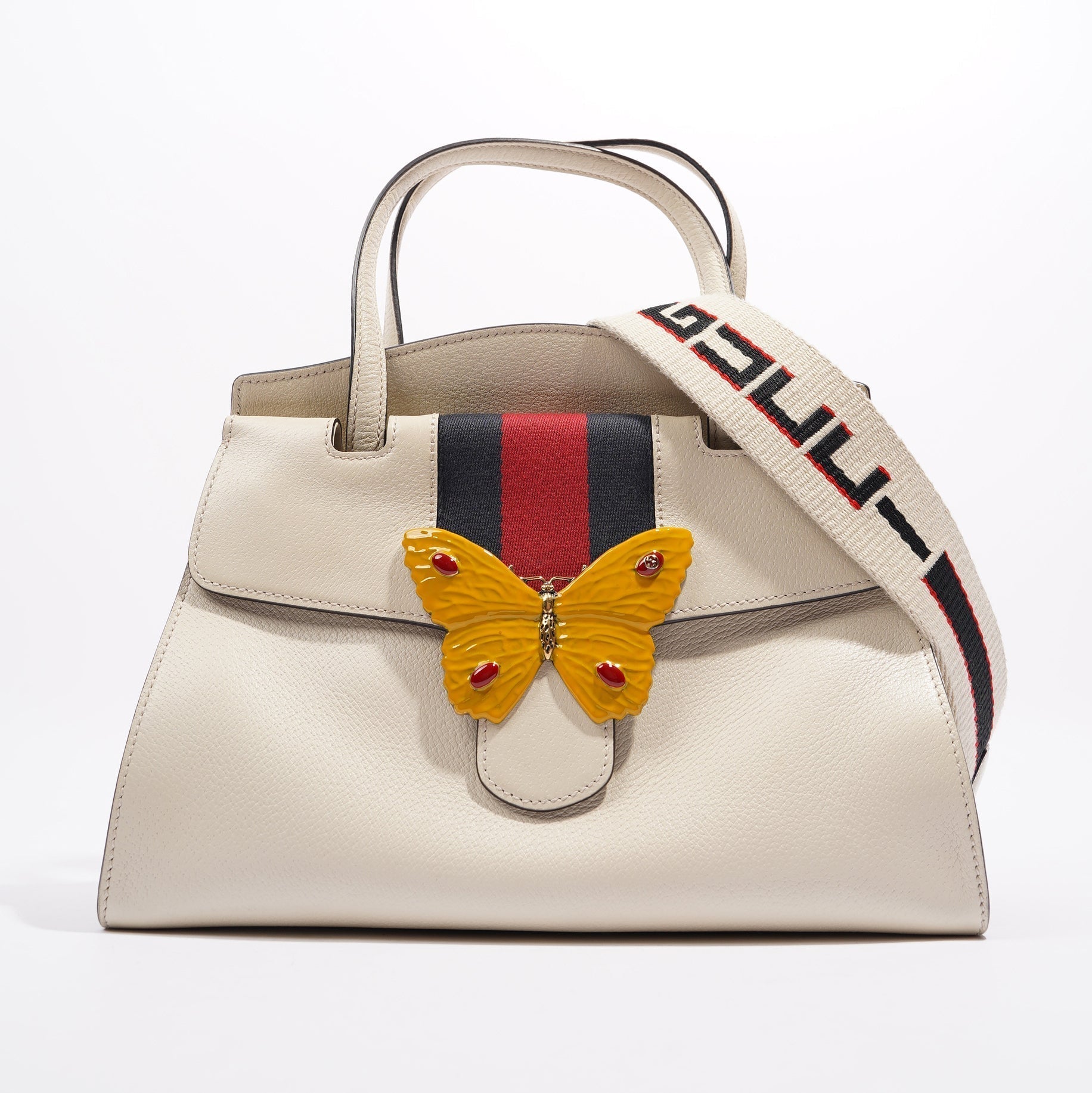 Gucci Totem Web Stripped Butterfly Bag White Leather Medium