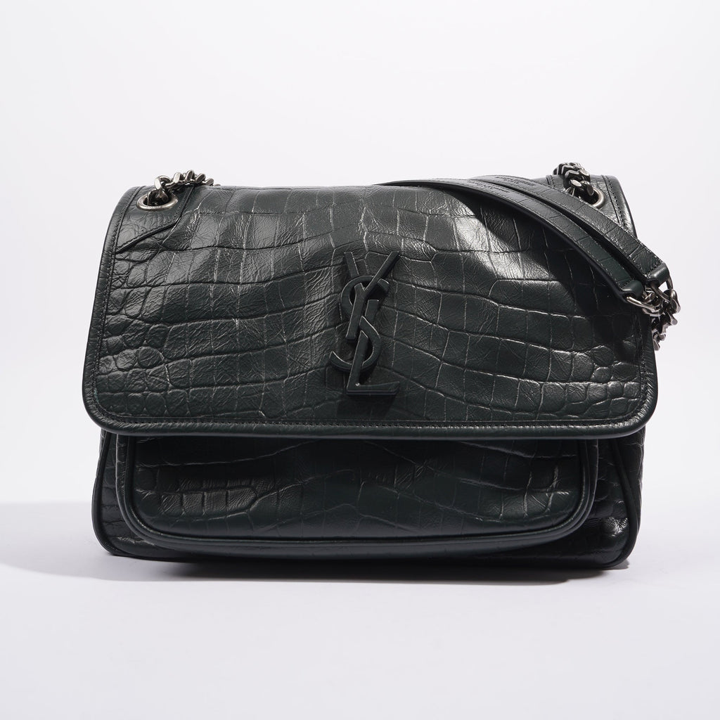 Saint Laurent Womens Niki Chain Bag Dark Green Croc Medium