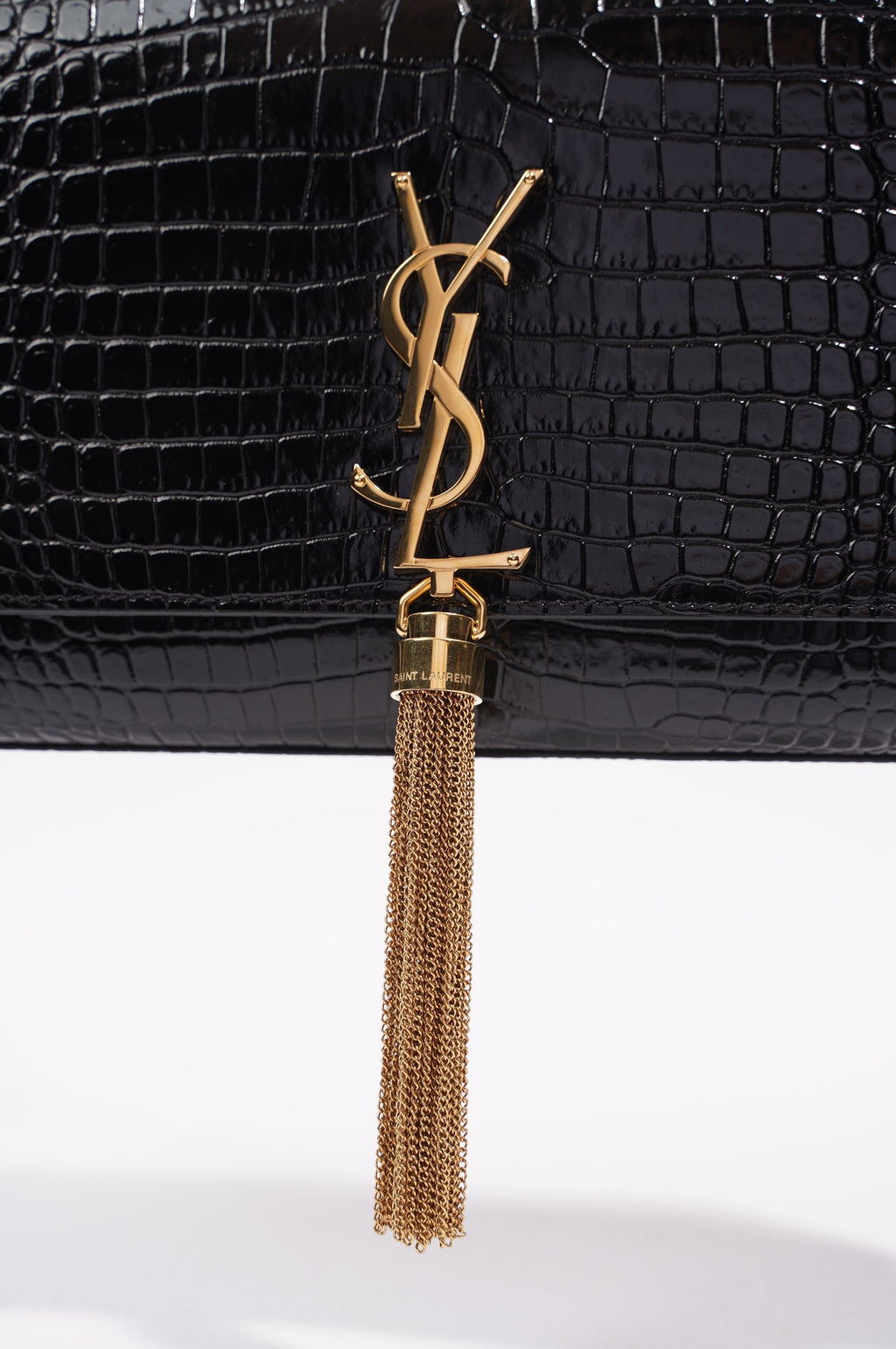 Saint Laurent Womens Kate Tassle Bag Black Croc / Gold Medium