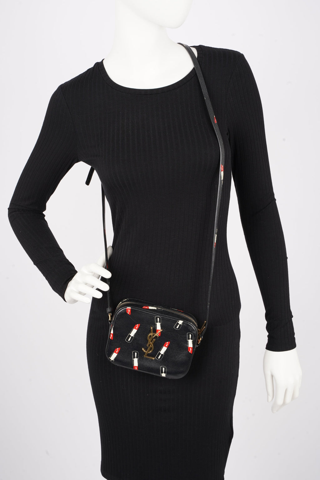 Saint Laurent Womens Lipstick Print Camera Bag Black Leather Small