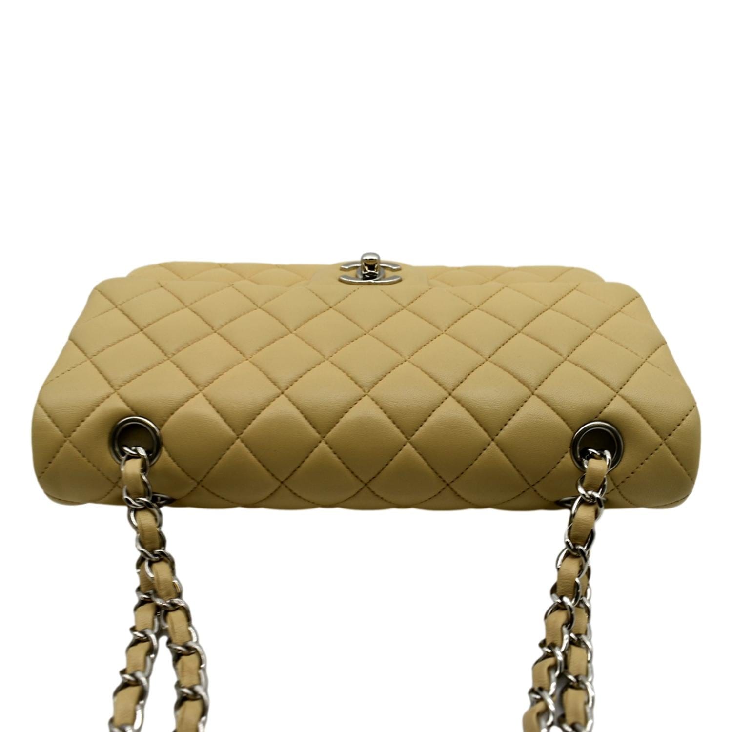 CHANEL Classic Medium Double Flap Quilted Leather Shoulder Bag Beige