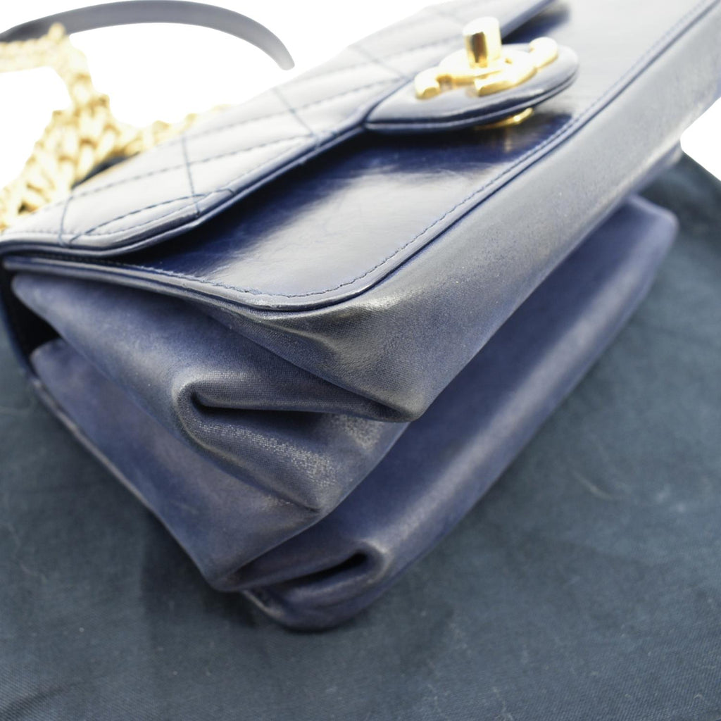 CHANEL Chain Handle CC Flap Quilted Leather Shoulder Bag Blue