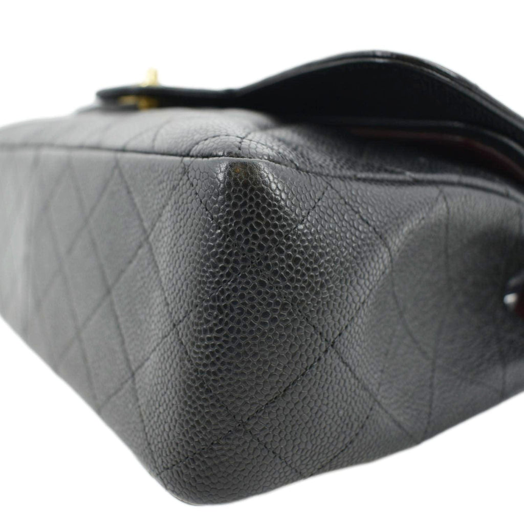 CHANEL Classic Jumbo Double Flap Quilted Caviar Leather Shoulder Bag Black