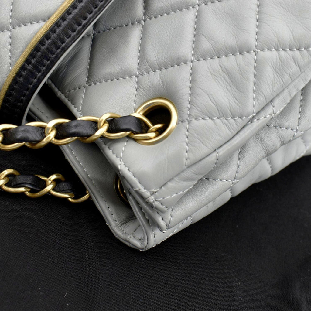 CHANEL East West Accordion Flap Quilted Calfskin Leather Shoulder Bag Grey