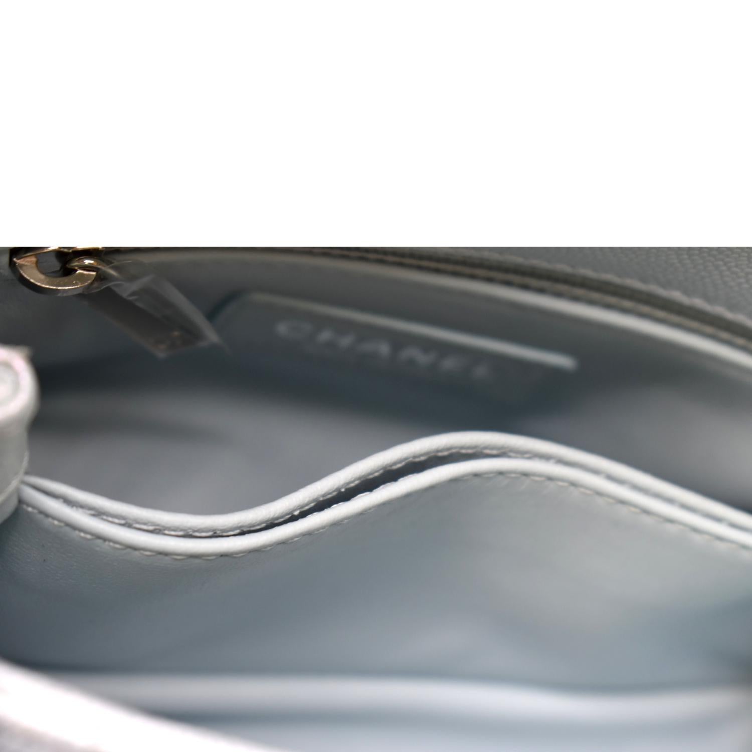CHANEL Coco Extra Mini Top Handle Iridescent Caviar Leather Crossbody Bag Light Blue