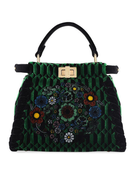 Fendi Floral Green Velvet Mini Peekaboo Bag