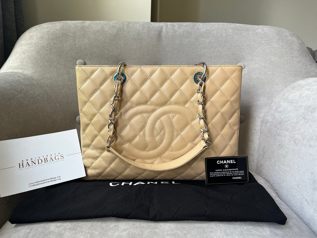 Chanel Light Beige Caviar Grand Shopper Tote with silver hardware (GST)