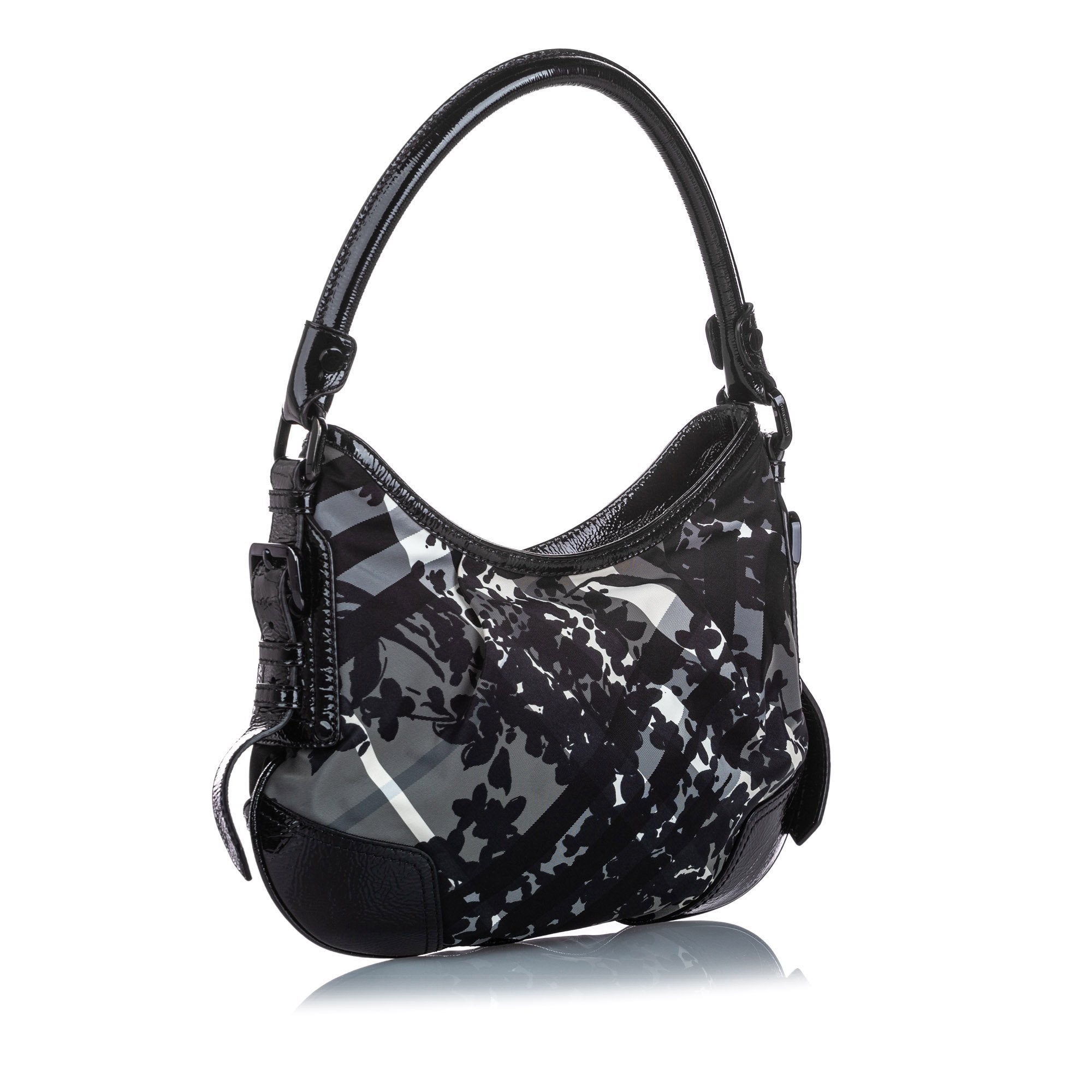 Pre-Loved Burberry Black Nylon Fabric Floral Beat Check Foley Hobo Bag Italy