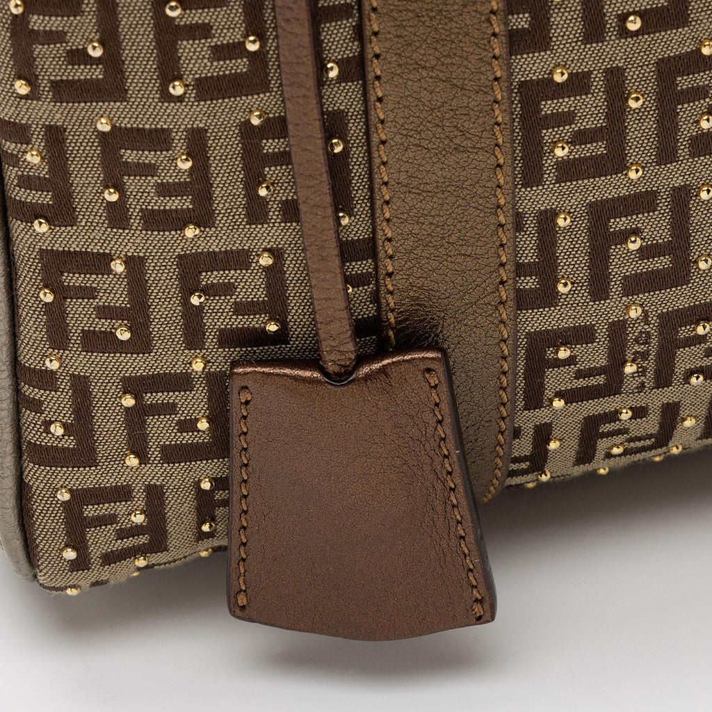 Fendi Studded Zucchino Leather Small Boston Bag