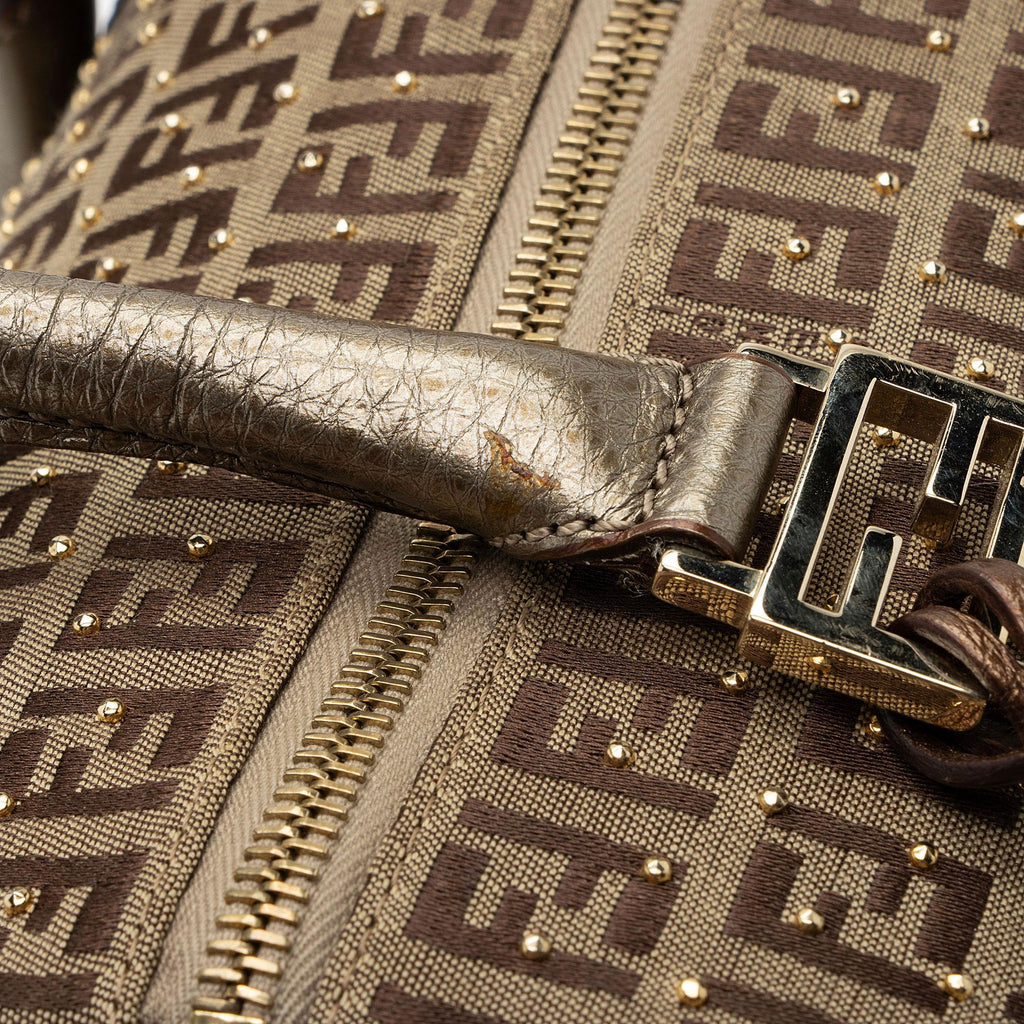 Fendi Studded Zucchino Leather Small Boston Bag