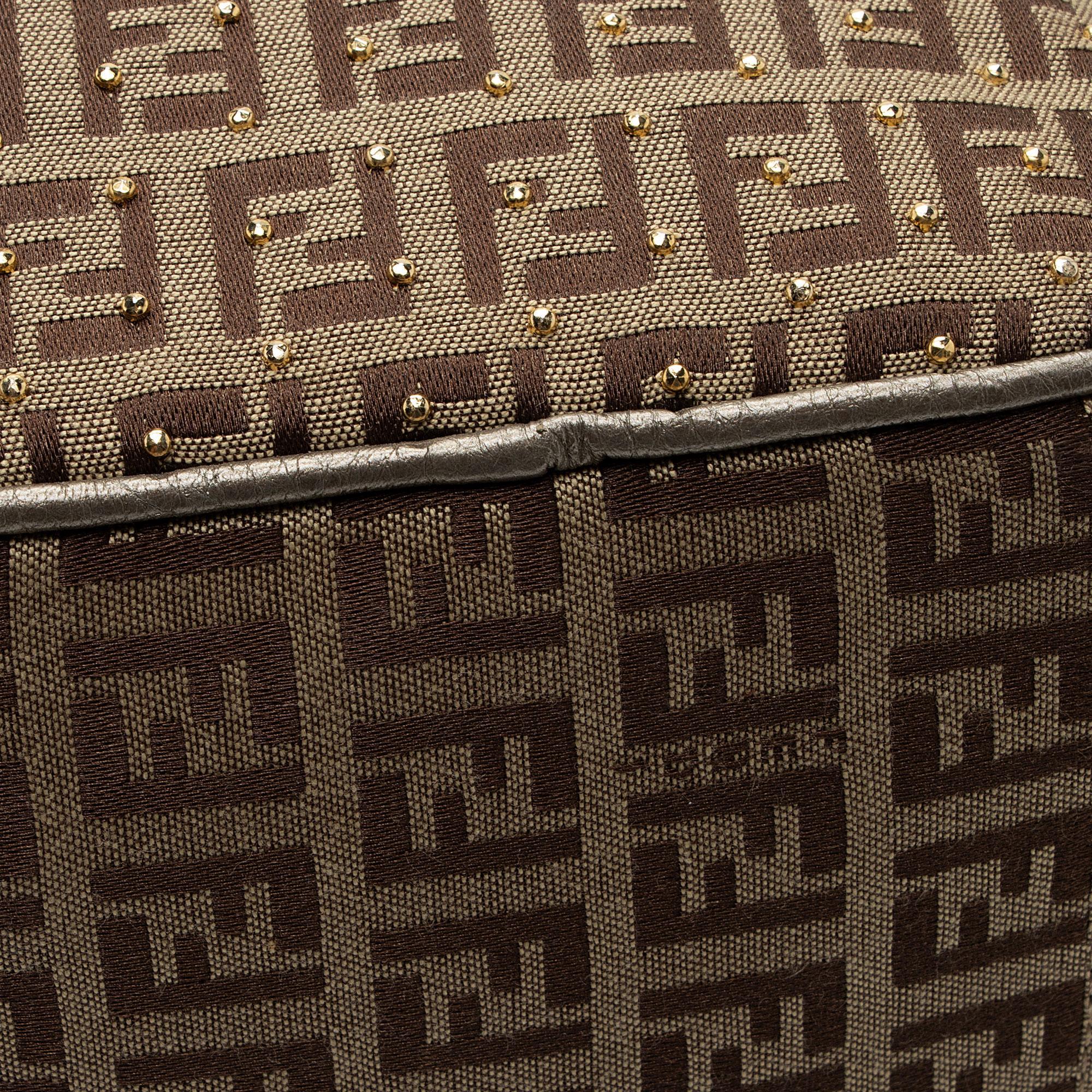 Fendi Studded Zucchino Leather Small Boston Bag