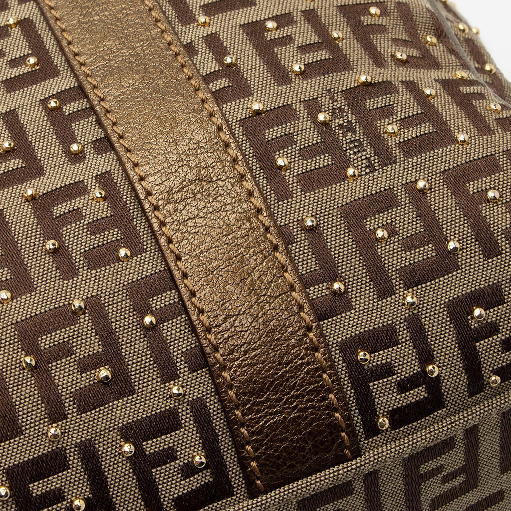 Fendi Studded Zucchino Leather Small Boston Bag