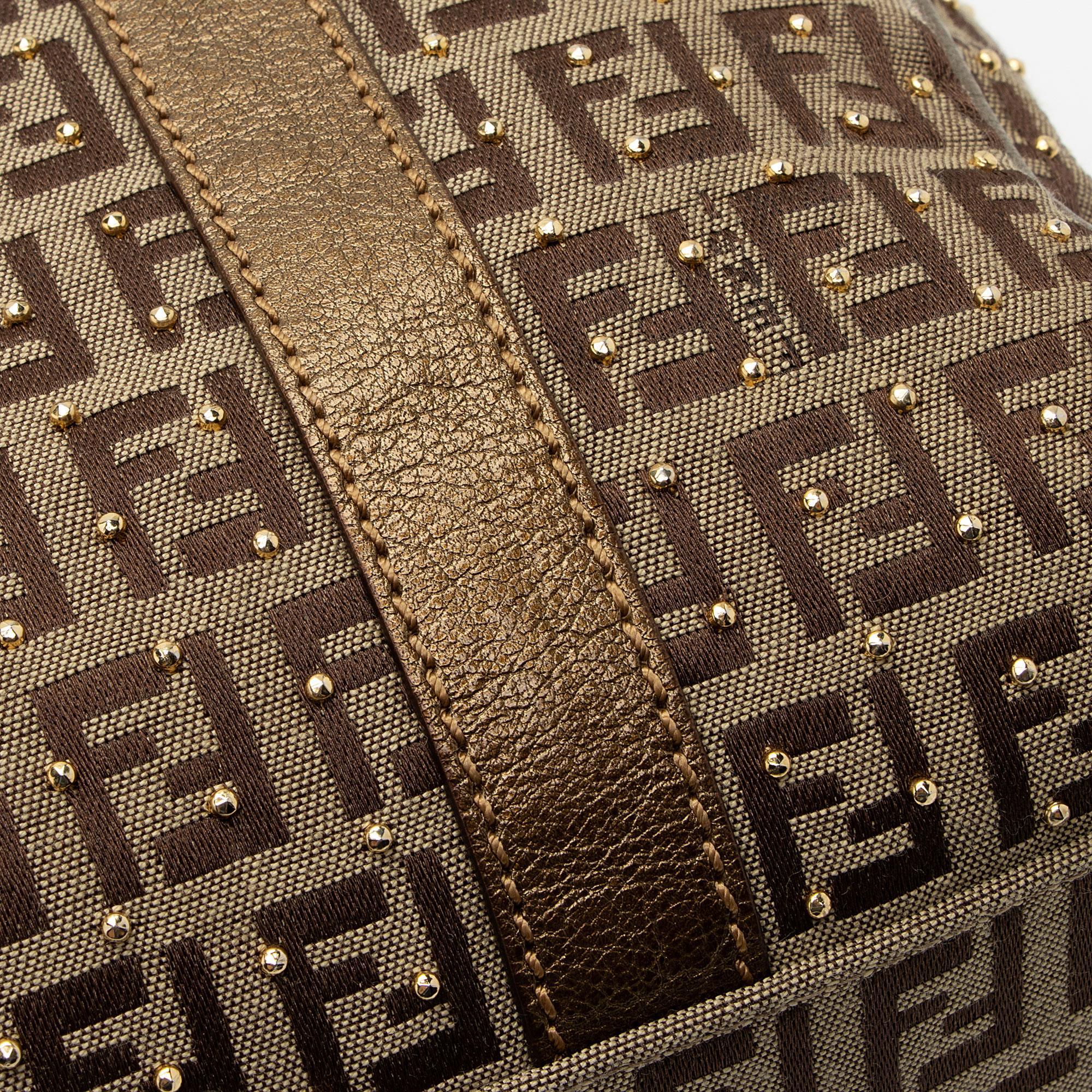 Fendi Studded Zucchino Leather Small Boston Bag