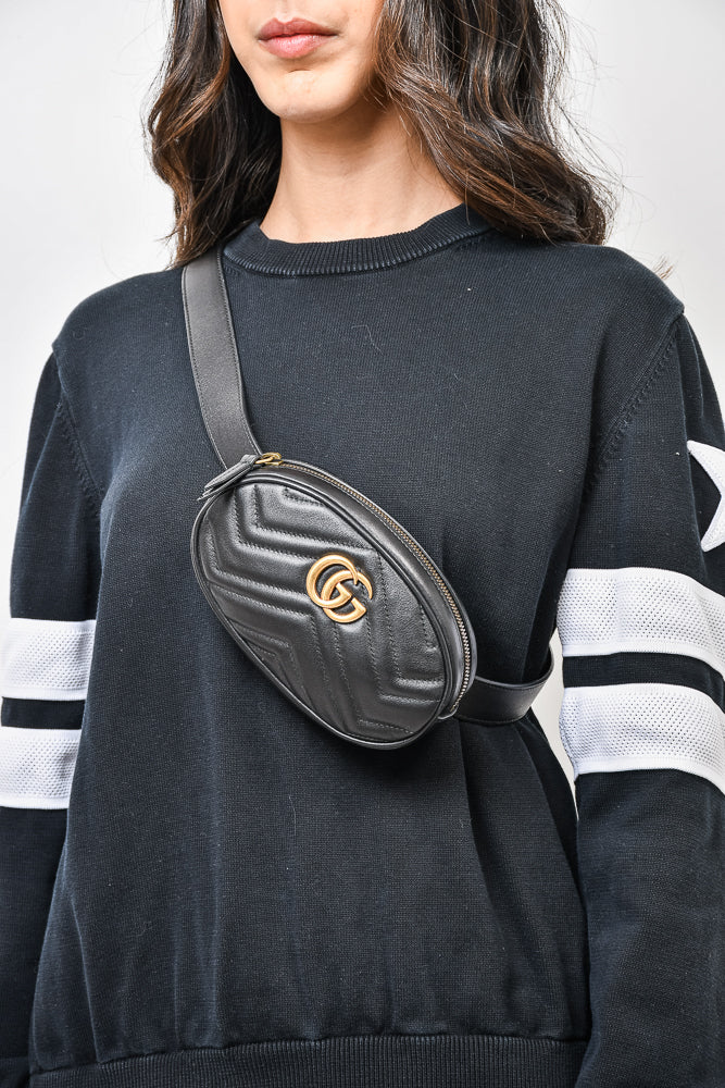 Gucci Black Leather GG Marmont Matelassé Belt Bag