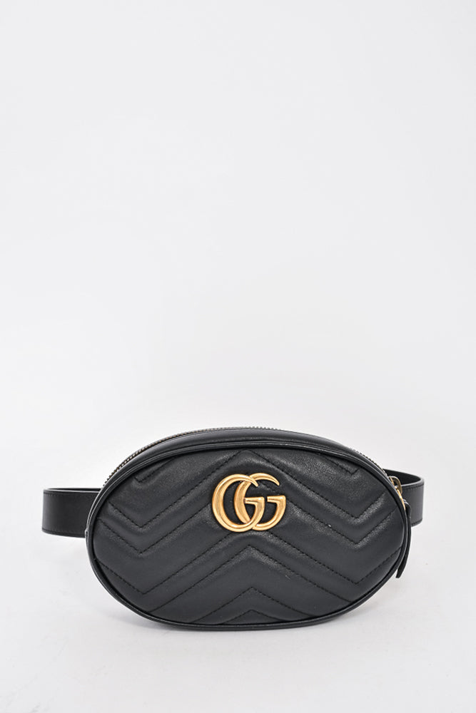 Gucci Black Leather GG Marmont Matelassé Belt Bag