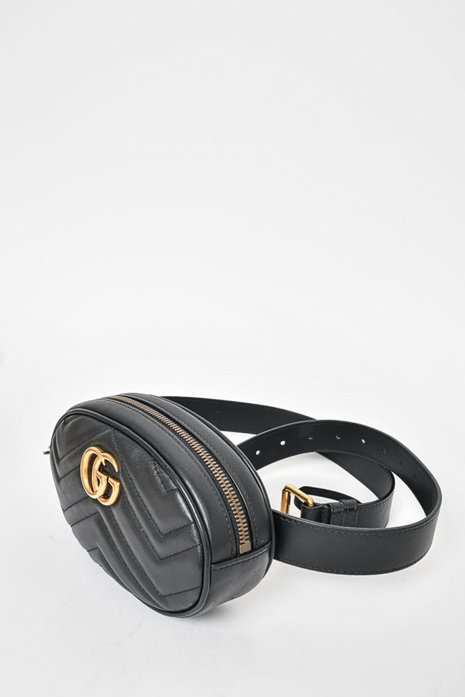 Gucci Black Leather GG Marmont Matelassé Belt Bag