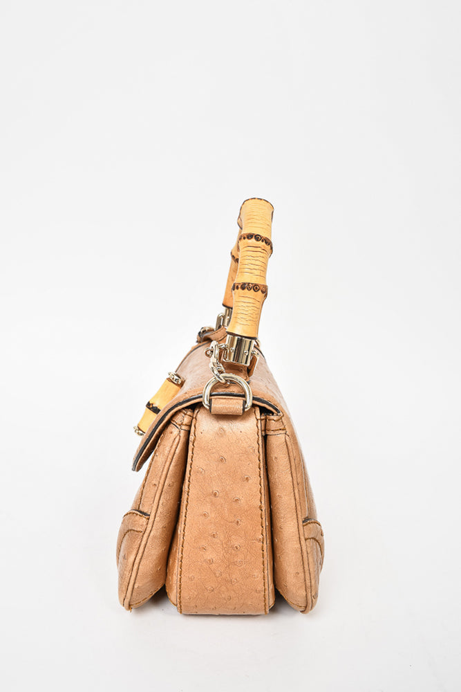 Gucci Brown Ostrich Leather Bamboo Top Handle Bag